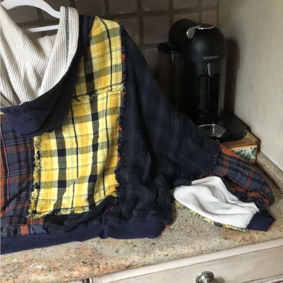 Free People Patch And Reverse Hoodie Pieced Plaid Patchwork Blue Rust Yellow Ivo - Picture 7 of 7